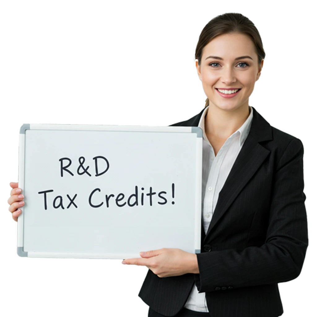 Professional woman holding R&D tax credits sign