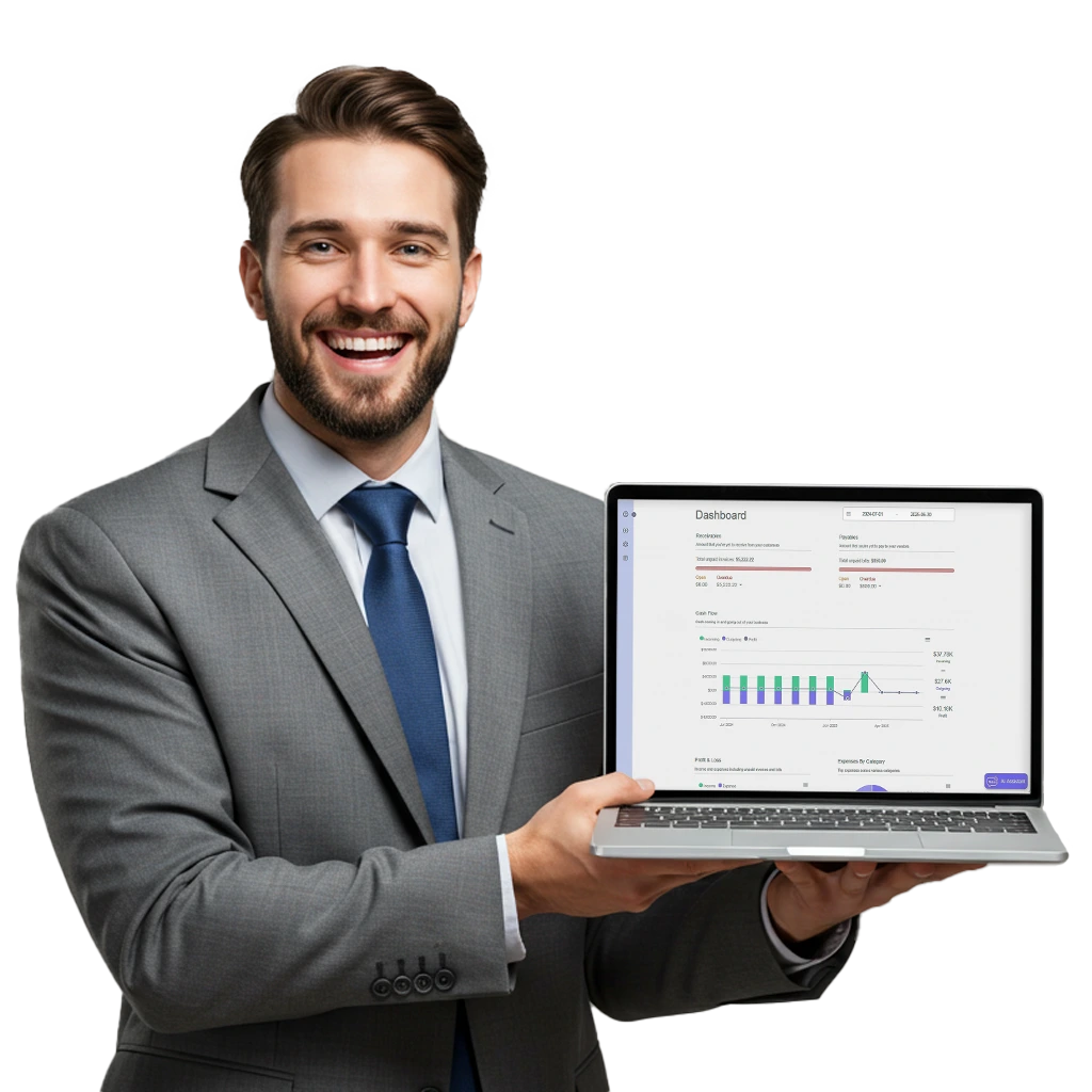 Professional businessman with laptop showing financial reports