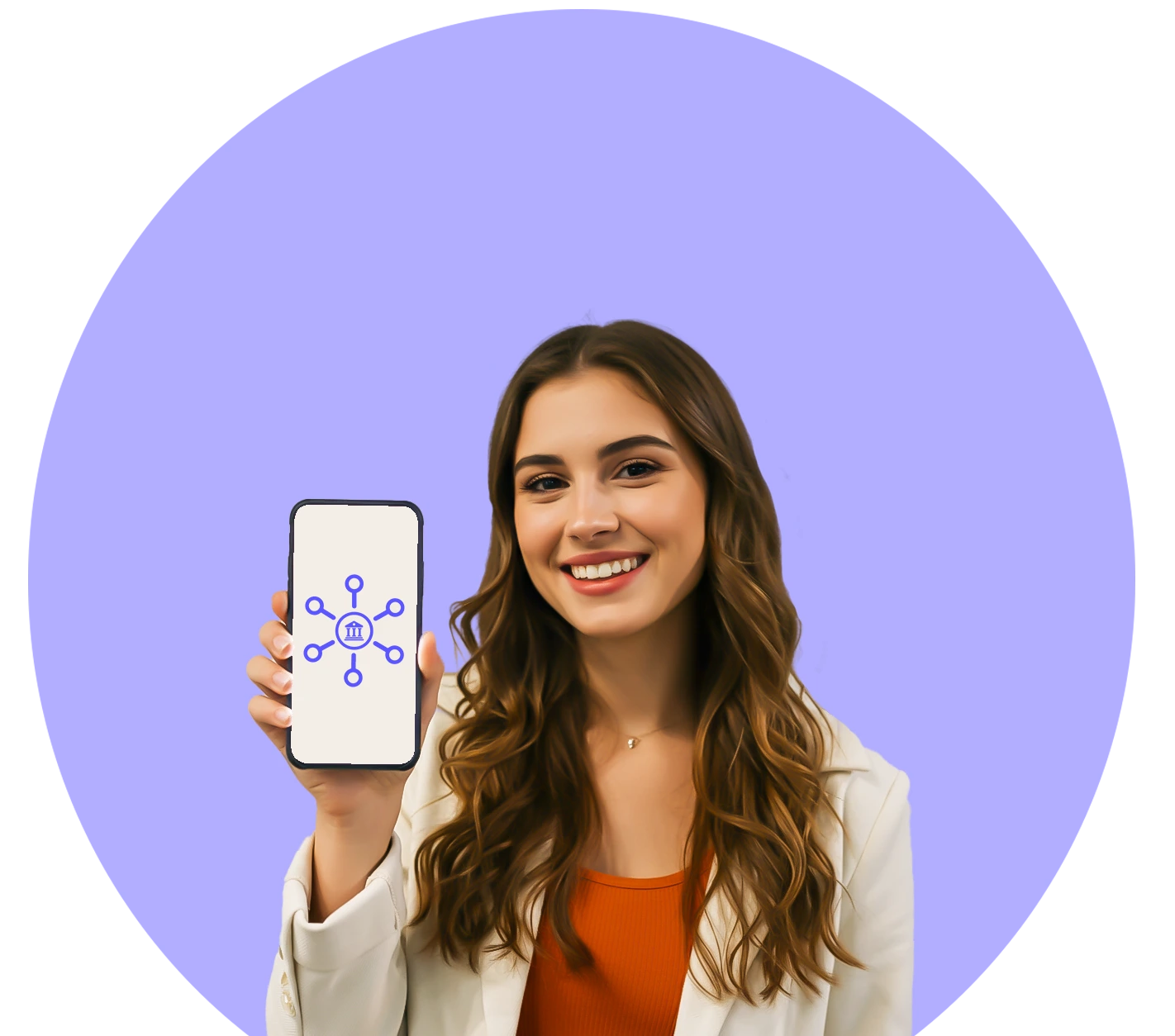 Professional woman showcasing bank integration on mobile