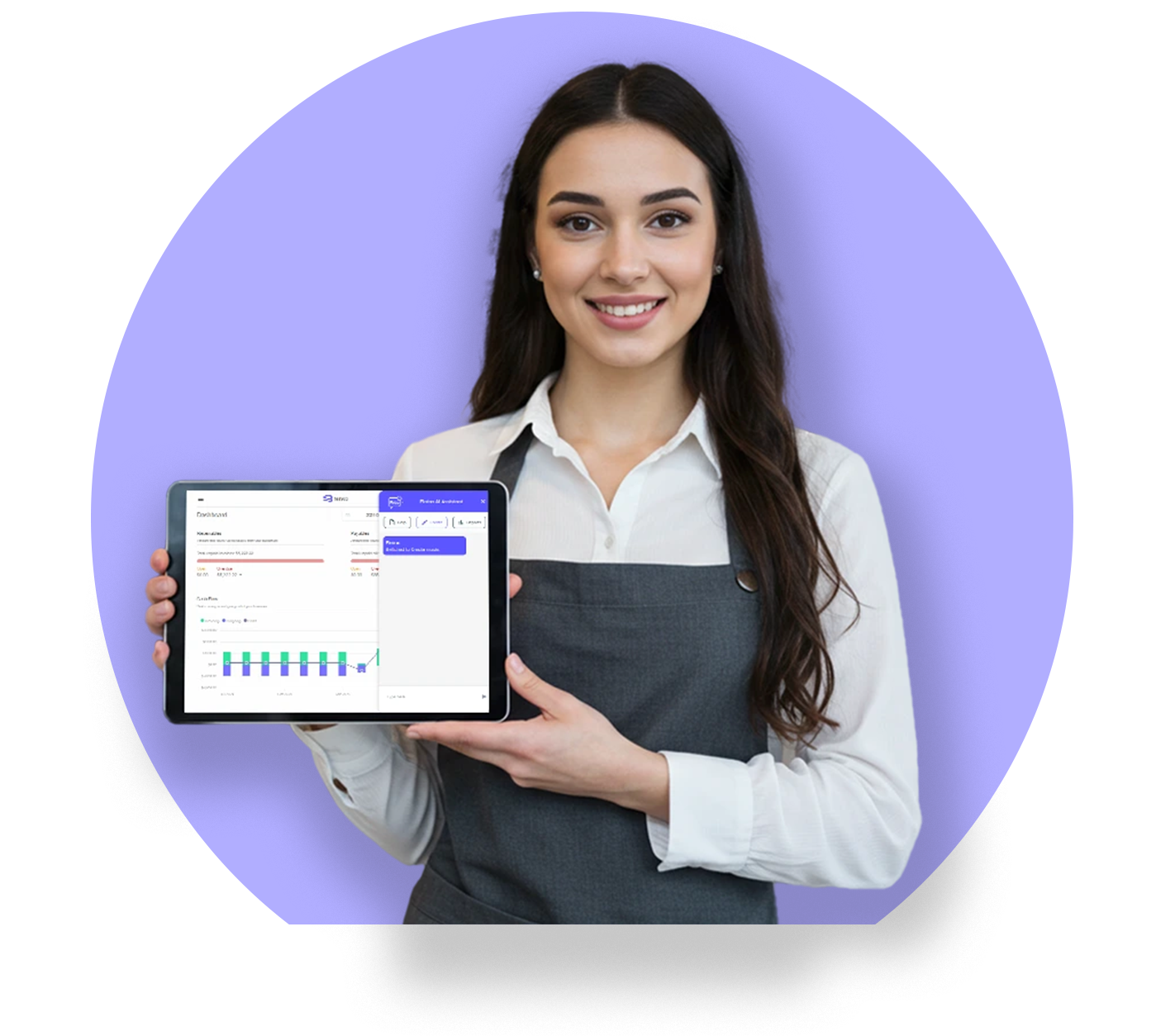 Professional woman showcasing financial dashboard
