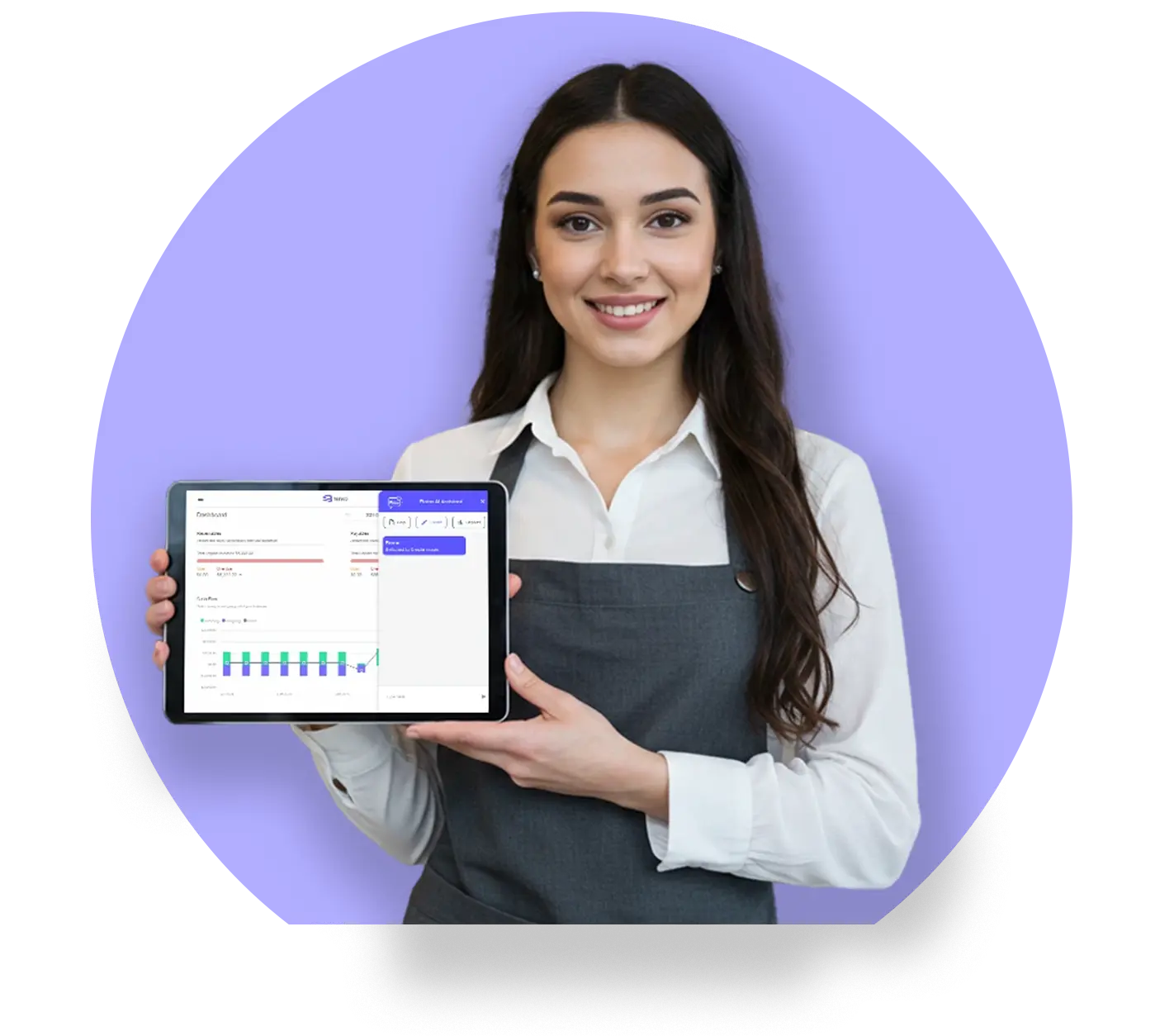 Professional woman showcasing financial dashboard