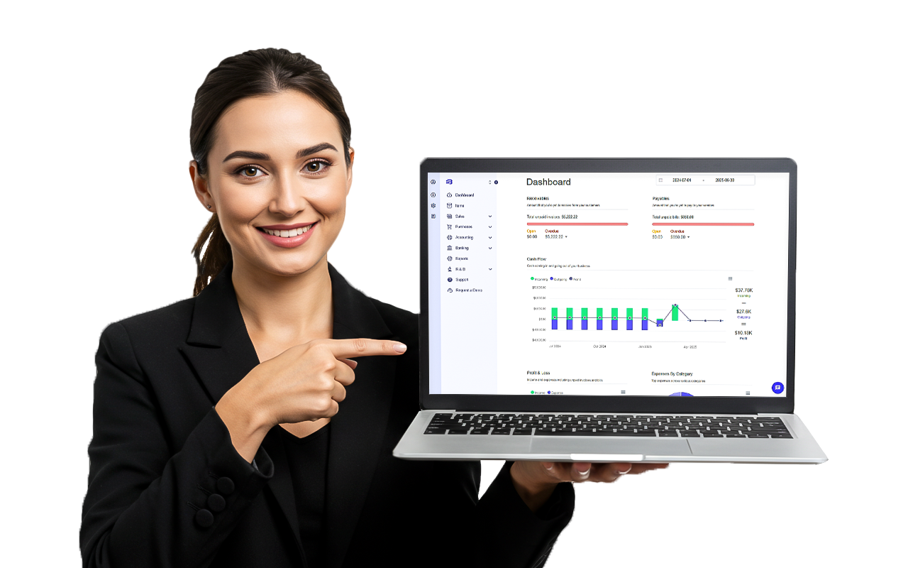 Professional woman with laptop showing analytics