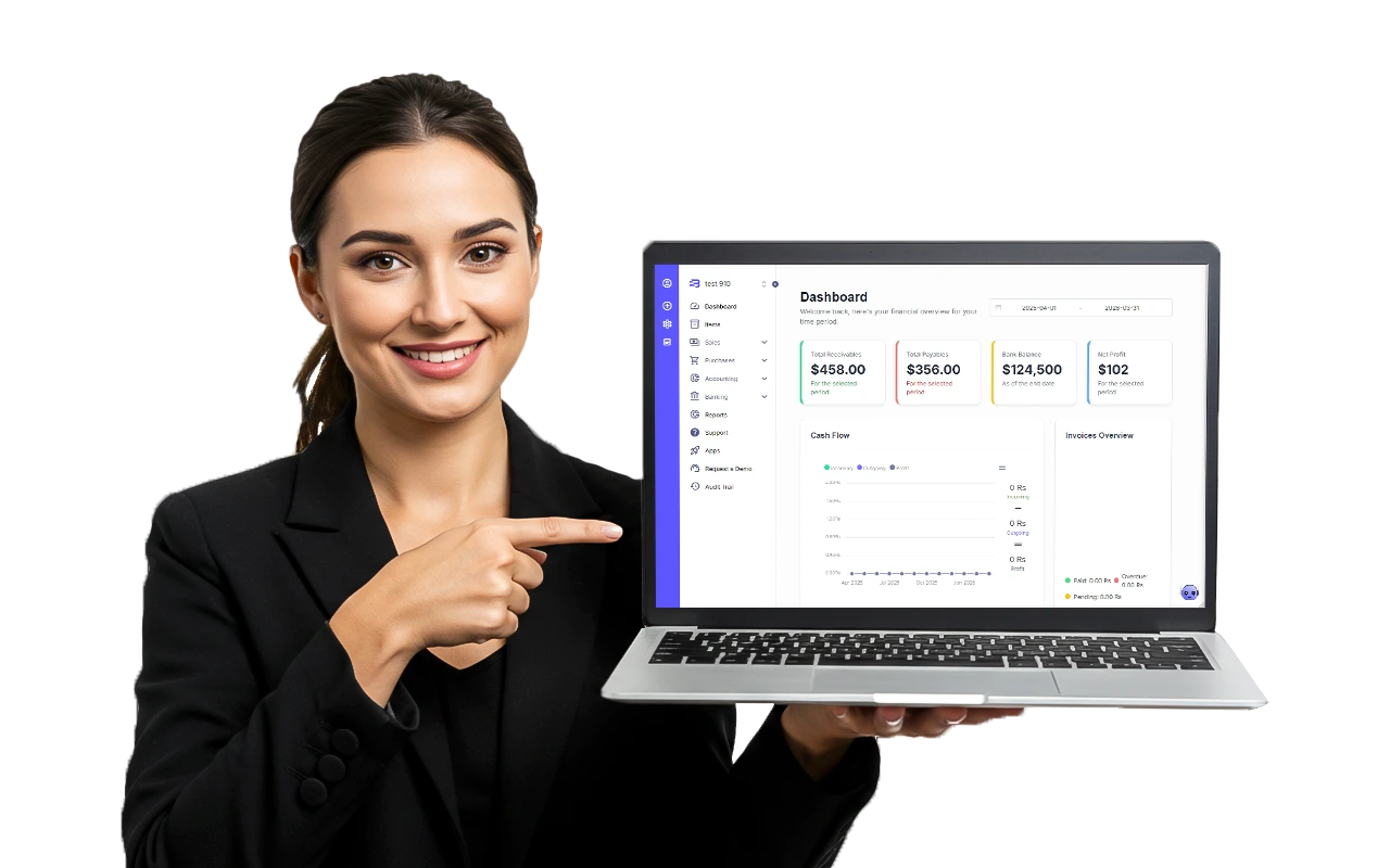 Professional woman with laptop showing analytics